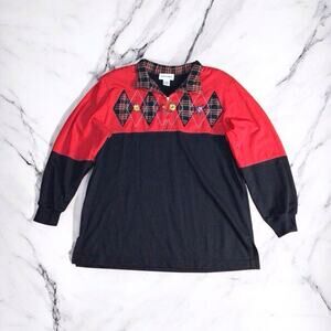 Alfred Dunner Floral Embroidered Sweatshirt Top Women's L Red Plaid Long Sleeve